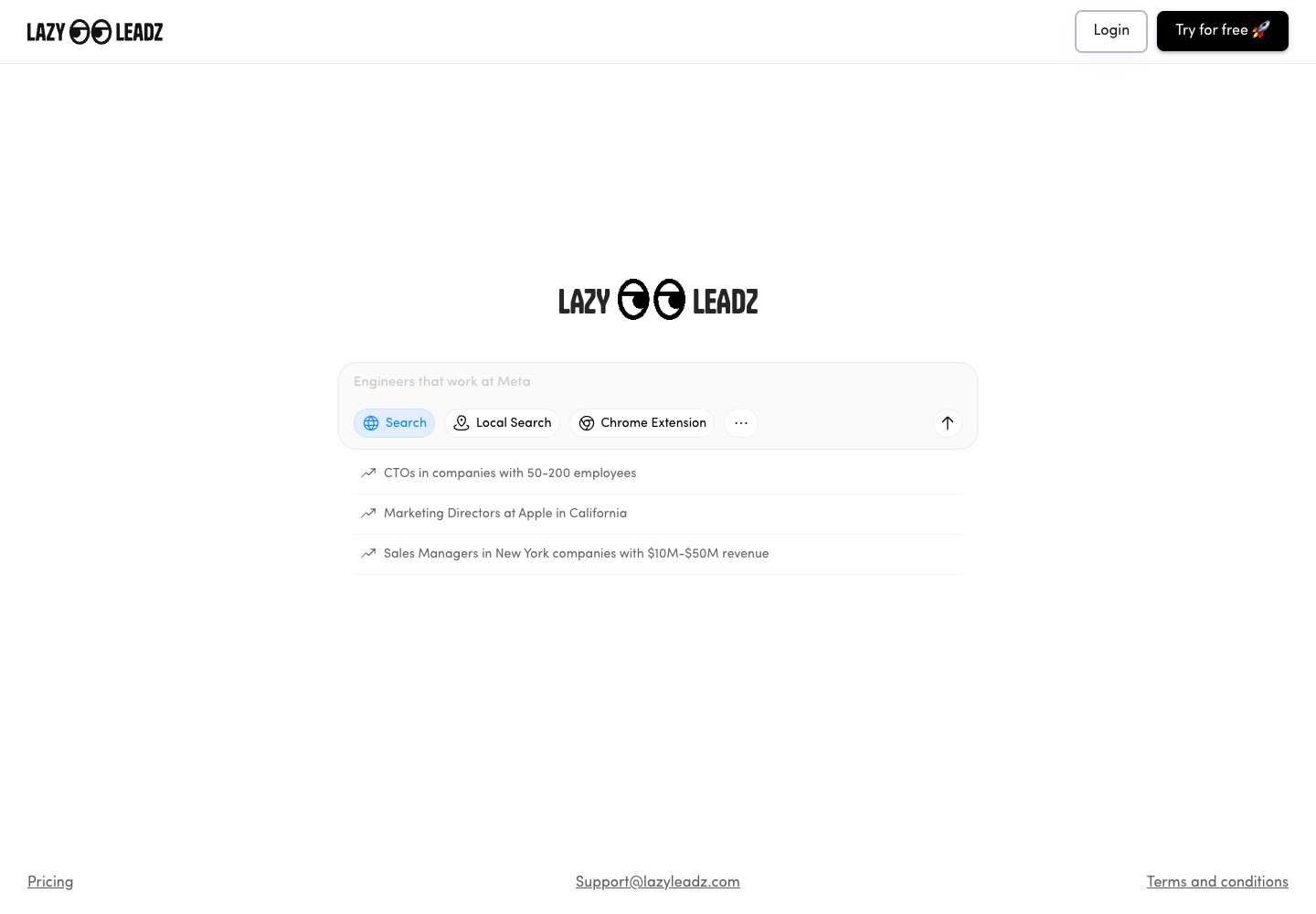 LazyLeadz's public search interface, with Search, Local Search, and Chrome Extension modes.
