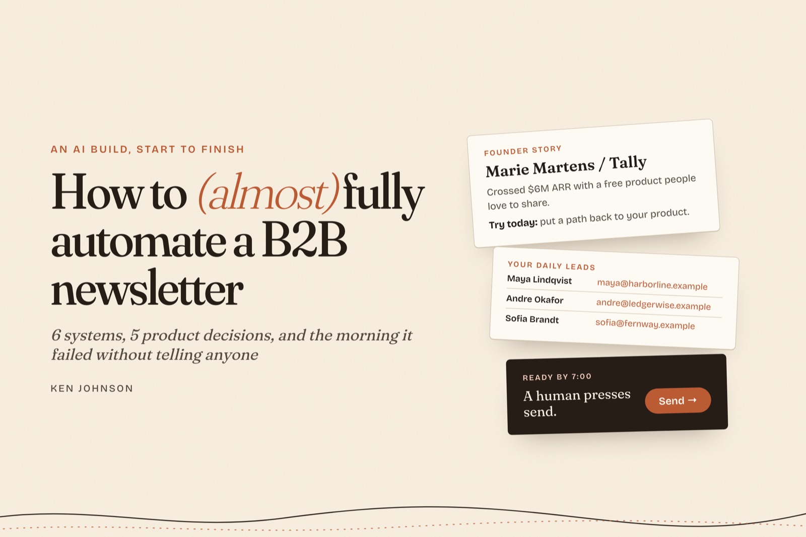 Cover art for How to (almost) fully automate a B2B newsletter, with sample cards for a founder story, a list of daily leads, and a draft ready by 7:00 for a person to send.